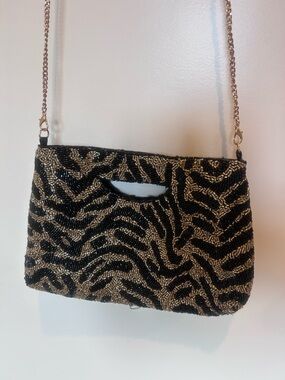 New Rachel Zoe Black and Gold Clutch with  24” detachable drop chain